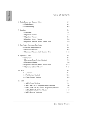 Page 7Table of Contents 
DA7 Users’ Guide
Table of Contents
6.  Fader Layers and Channel Strips 6-1
6-1 Fader Layers 6-1
6-2 Channel Strip 6-3
7.  Equalizer 7-1
7-1 Overview 7-1
7-2 Equalizer Section 7-3
7-3 Equalizer Window 7-6
7-4 Equalizer Library Window 7-8
7-5 Equalizer Window, Multi-Channel View 7-10
8.  Pan/Assign, Surround, Bus Assign 8-1
8-1 Pan/Bus Assign Controls 8-1
8-2 Surround Window 8-3
8-3 Surround Window, Multi-Channel View 8-12
9.  Dynamics/Delay 9-1
9-1 Overview 9-1
9-2 Dynamics/Delay...