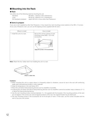 Page 1212
Secure the unit by 4 pieces of rack
mounting screws (M5 x 12) in the
accessories. Where to install How to install
1. Install the unit on a rack.
Apply the screws in the accessories.
Note: Attach the four rubber feet if not installing the unit in a rack.
Cautions:
•When mounting this unit in a place where it is frequently subject to vibrations, secure its rear to the rack with reinforcing
angle steel (manufactured locally) or other materials.
•Keep the temperature in the rack below 45°C.
•Place this...