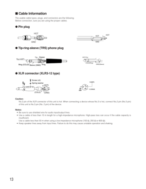 Page 1313
■Cable Information
The usable cable types, plugs, and connectors are the following.
Before connection, sure you are using the proper cables.
Screw (x3)
Spring washer
2
3
1
(COLD)(HOT)
(GND)
HOT
GND
HOT(Tip)
COLD(Ring)
GND(Sleeve)
GNDH (HOT)
C (COLD)3 2
1
HOT
HOT
GND
●Pin plug
●Tip-ring-sleeve (TRS) phone plug
●XLR connector (XLR3-12 type)
Caution:
No.2 pin of the XLR connector of this unit is hot. When connecting a device whose No.3 is hot, connect No.2 pin (No.3 pin)
of this unit to No.3 pin (No. 2...