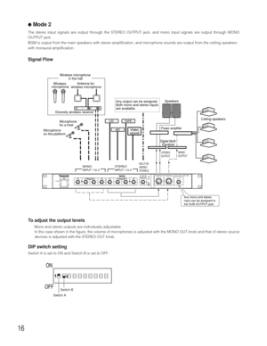 Page 1616
●Mode 2
The stereo input signals are output through the STEREO OUTPUT jack, and mono input signals are output through MONO
OUTPUT jack.
BGM is output from the main speakers with stereo amplification, and microphone sounds are output from the ceiling speakers
with monaural amplification.
Signal Flow
To adjust the output levels
Mono and stereo outputs are individually adjustable.
In the case shown in the figure, the volume of microphones is adjusted with the MONO OUT knob and that of stereo source...