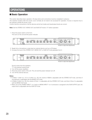 Page 2929
■Basic Operation
This section describes basic operation. All setup items and connections must be completed in advance.
The switches located under the acrylic cover normally do not need to be accessed for operation. Access is required only to
the switches outside the acrylic cover.
Confirm that the connections of all the devices and all set modes and input/output levels are correct.
Note:Set the STEREO OUT, MONO OUT and SUB OUT knob to “0” before operation.
1. Press the power switch on the front.
This...