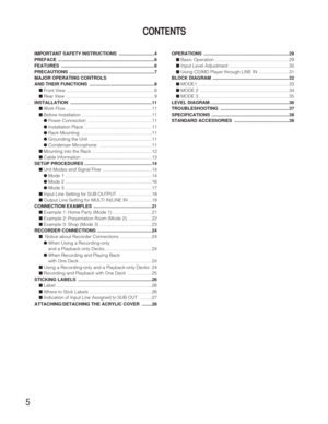 Page 55
CONTENTS
IMPORTANT SAFETY INSTRUCTIONS  ............................4
PREFACE ............................................................................6
FEATURES .........................................................................6
PRECAUTIONS ...................................................................7
MAJOR OPERATING CONTROLS 
AND THEIR FUNCTIONS  ...................................................8
■Front View  .....................................................................8...