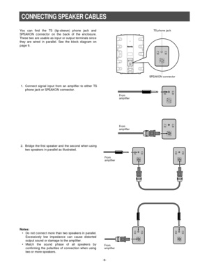 Page 6-6-
You can find the TS (tip-sleeve) phone jack and
SPEAKON connector on the back of the enclosure.
These two are usable as input or output terminals since
they are wired in parallel. See the block diagram on
page 9.
CONNECTING SPEAKER CABLES
Notes:
• Do not connect more than two speakers in parallel.
Excessively low impedance can cause distorted
output sound or damage to the amplifier.
• Match the sound phase of all speakers by
confirming the polarities of connection when using
two or more speakers. 1....