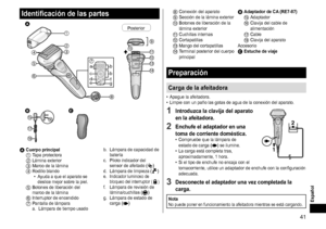 Page 4141
Identificación de las partes
 

a
c
d b
b
f
g
e






 





Posterior






A Cuerpo principal1 Tapa protectora2 Lámina exterior3 Marco de la lámina4 Rodillo blando
•  A yuda a que el aparato se 
deslice mejor sobre la piel.
5 Botones de liberac ión del 
marco de la lámina
6 Interruptor de encendido7 Pantalla de lámpara a.  Lámpara de tiempo usado b.
 
Lámpara de capac
 idad de 
batería
c.  
Piloto indicador de
 l 
sensor de afeitado (
)
d.
 Lámpara de limpie
za ()e. Indicado r...