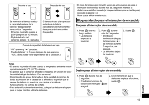 Page 4343
Durante el uso Después del uso
Se mostrarán el tiempo usado y 
la capacidad restante de la 
batería y desaparecerán 
transcurridos 7 segundos.
 • El tiempo mostrado regresa a 
[0’00”] después de 10 minutos.
 • El piloto indicador del  sensor de afeitado () parpadea.
El tiempo de uso y la capacidad 
restante de la batería 
parpadearán alternativamente y 
desaparecerán transcurridos 
8
  segundos.
Cuando la capacidad de la batería es baja
“10%” aparece y “
” parpadea. • Puede afeitarse 1 o 2 veces...