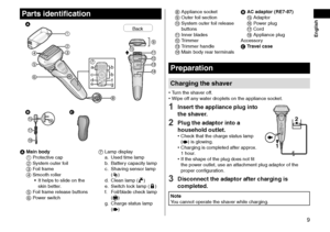 Page 99
Parts identification
 

a
c
d b
b
f
g
e






 





Back






A Main bod
y
1  Protectiv e cap
2
 
System outer f
 oil
3
 
F
 oil frame
4
 
Smooth roller•

 
It helps to slide on the 
skin better

.
5
 
F
 oil frame release buttons
6
 
P
 ower switch 7
 Lamp displa y
a. Used time lamp
b
.
 Batter
 y capacity lamp
c.
 Sha

ving sensor lamp  
(
)
d. Clean lamp ()
e. Switch loc
k lamp ()
f. F
oil/blade check lamp 
(
)
g. Charge status lamp   
(
)
8 Appliance soc ket
9  Outer f oil...