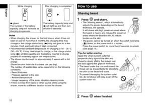 Page 1010
While charging After charging is completed
 glows.
The number of the battery 
capacity lamp will increase as 
charging progresses. The battery capacity lamp and  will light up and then turn 
off after 5 seconds.
Notes
 • When charging the sha

ver for the first time or when it has not 
been in use for more than 6 months, the charging time may 
change or the charge status lamp (
) may not glow for a few 
minutes. It will eventually glow if kept connected.
 • Recommended ambient temper

ature for...
