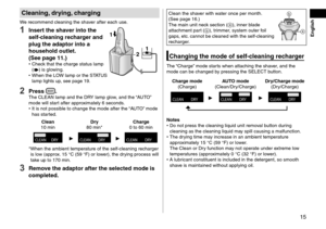 Page 1515
Cleaning, drying, charging
We recommend cleaning the shaver after each use.
1 Insert the shaver into the 
self-cleaning recharger and 
plug the adaptor into a 
household outlet.  
(See page  11.)
 •Check that the charge status lamp 
() is glowing. • When the LO W lamp or the STATUS 
lamp lights up, see page 19.
12
1
2 Press .The CLEAN lamp and the DRY lamp glow, and the “AUTO” 
mode will start after approximately 6 seconds.
 •
It is not possib

le to change the mode after the “AUTO” mode 
has...