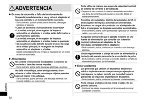 Page 5252
ADVERTENCIA
 ►En caso de anomalía o fallo de funcionamientoSuspenda inmediatamente el uso y retire el adaptador si 
hay una anomalía o un funcionamiento incorrecto.
- De lo contrario, podrían producirse un incendio, descargas 
eléctricas o lesiones.
 •La unidad principal, el recargador de limpieza 
automática, el adaptador o el cable están deformados o 
anormalmente calientes.
 •La unidad principal, el recargador de limpieza 
automática, el adaptador o el cable huelen a quemado.
 •Se escucha un ruido...