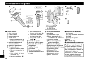 Page 5656
Identificación de las partes
 

a
c
d b
b
f
g
e






 





Posterior
















A Cuerpo principal1 Tapa protectora2 Lámina exterior3 Marco de la lámina4 Rodillo blando
•  A yuda a que el aparato se 
deslice mejor sobre la piel.
5 Botones de liberac ión del 
marco de la lámina
6 Interruptor de encendido7 Pantalla de lámpara a.  Lámpara de tiempo usado
b.
 
Lámpara de capac
 idad de 
batería
c.
 
Piloto indicador de
 l sensor 
de afeitado (
)
d.
 Lámpara de...