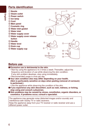 Page 66
English
Parts identification
1 Nozzle
2  Steam outlet
3  P

ower switch
4  Ion lamp
5  Cor

d
6  Main panel
7  Cosmetic ring
8  W

ater inlet gasket
9  W
ater inlet
:  W
ater supply cover
;  W
ater supply cover release 
button
  Handle
  W

ater level
  Drain cup
  W

ater supply cup
Before use
Excessive use is detrimental to the skin.
Start by using the appliance  to 3 times a week. Thereafter, adjust the 
frequency and duration of use while observing the skin condition. 
If any skin problem...