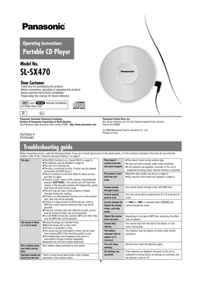 Page 1No play.
No sound or there
is a lot of noise.
Disc rotation stops
and starts during
play.
Operation sounds areheard from the unit.1
≥The HOLD function is on. Cancel HOLD (
➪page 5).
≥The batteries may be depleted (
➪page 4).
≥The disc isn’t correctly set.
≥The disc is scratched or dirty. (Tracks may be skipped
particularly with MP3 discs.)
≥There is moisture on the lens. Wait for about an hour
and then try again.
≥The lens is dirty: clean it with a blower (recommended
product: SZZP1038C). You cannot use...