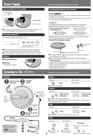 Page 51
2
3
4
4
3
2
VOL
3024
OPEN
Listening to CDs Basic Play
Playback
Stop
Open the lid and
insert a CD.Release
HOLD.
Track
number
Elapsed
playing time
of track
Number of tracks Total play time
Number of albums Number of tracks
Press.
Adjust the volume.
(0 - 25)
Remote controlMain unit
Press.
OPR OFF
Press.
∫Press and hold to
turn the unit off.∫Press again to turn
the unit off.
Pause
Remote controlMain unit
Press.Not available.
∫Press again to restart play.
Search
Remote controlMain unit
Press and hold
during...