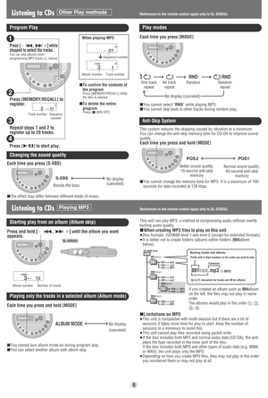 Page 6RND RND
Listening to CDsOther Play methods
Program PlayPlay modes
∫To delete the entire
program
∫
Press [∫ OPR OFF].
∫To confirm the contents of
the program
∫
Press [MEMORY/RECALL] while
the disc is playing. 
When playing MP3
Sequence number
Album numberTrack number
Each time you press [MODE]
One track
repeat All track
repeat RandomRandom
repeat
∫You cannot select “RND” while playing MP3.
∫You cannot skip back to other tracks during random play.
M
--
01
MALBUM
31
Anti-Skip System
This system reduces the...