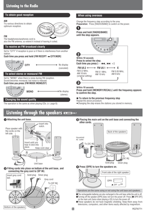 Page 88RQT6771 Change the frequency step according to the area.
Preparation:Press [RADIO/BAND] to switch on the power.
Press and hold [RADIO/BAND]
until the step appears.
Within 10 seconds
Press to select the step.
Each time you press [
j 
:, 
9i]
Within 10 seconds
Press and hold [MEMORY/RECALL] until the frequency appears
to confirm the step.
∫To return to the previous frequency stepRepeat the above procedure.
≥Changing the step erases the stations you stored in memory.
To obtain good reception
To select...