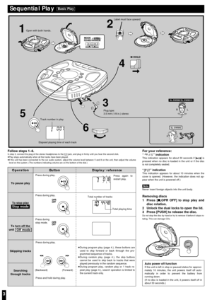Page 33
Button Display/referenceOperation
To pause play
To stop play
To turn off the
unit 
Skipping tracks 
Searching
through tracks
Off mode
Stop mode
Sequential Play Basic Play
Follow steps 1–6.In step 3, connect the plug of the stereo headphones to the [Ë] jack, and plug in firmly until you hear the second click. 
≥Play stops automatically when all the tracks have been played.
≥If the unit has been connected to the car audio system, adjust the volume level between 5 and 8 on the unit, then adjust the...