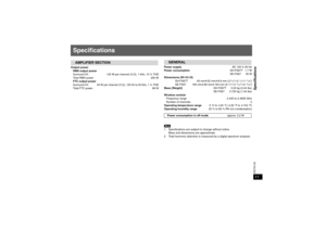 Page 11
11Specifications11RQTX0125
ENGLISH
SpecificationsOutput powerRMS output power
Surround Ch 125 W per channel (3 ≠), 1 kHz, 10 % THD
Total RMS power 250 W
FTC output power
Surround Ch 34 W per channel (3 ≠), 
120 Hz to 20 kHz
, 1 % THD
Total FTC power 68 W Power supply
AC 120 V, 60 Hz
Power consumption SH-FX67T 1.7 W
SE-FX67 35 W
Dimensions (W tHt D)
SH-FX67T 65 mm k52 mm k8.6 mm (2
 9/16zk2 1/16zk11/32z)
SE-FX67 165 mm k90 mm k164 mm (
6 1/2zk3 17/32zk6 15/32z)
Mass [Weight] SH-FX67T 0.02 kg (0.04 Ibs)...