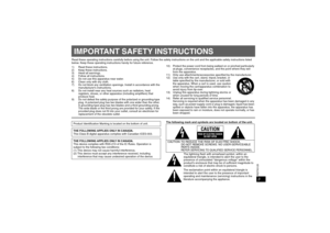Page 3
33RQTX0125
ENGLISH
IMPORTANT SAFETY INSTRUCTIONSRead these operating instructions carefully before using the unit. Follow the safety instructions on the unit and the applicable safety instructions listed 
below. Keep these operating instructions handy for future reference.
1) Read these instructions.
2) Keep these instructions.
3) Heed all warnings.
4) Follow all instructions.
5) Do not use this apparatus near water.
6) Clean only with dry cloth.
7) Do not block any ventilation openings. Install in...