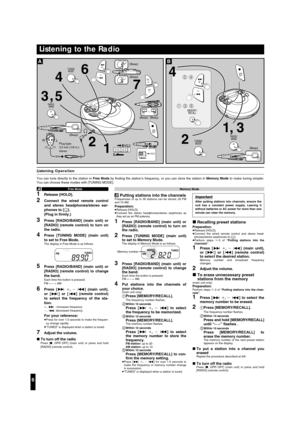 Page 66
Listening to the Radio
A
7
1 2 3
5 ,6
HOLD
4
HOLD
VOL
RADIO
VOL
VOL
OPR
OFF
RADIO/
 BAND
TUNING
MODE
L
R
B
2
3 1
,
135
24
RADIO
OPR
OFF
MEMORY/
RECALL
RADIO/
 BAND
TUNING
MODEPlug type:
3.5 mm (1/8 in.)
stereo(Beep) (Beep) (Beep) (Beep) (Beep)
(Beep)
A
1Release [HOLD].
2Connect the wired remote control
and stereo headphones/stereo ear-
phones to [Ë]. 
(Plug in firmly.)
3Press [RADIO/BAND] (main unit) or
[RADIO] (remote control) to turn on
the radio.
4Press [TUNING MODE] (main unit)
to set to Free Mode....