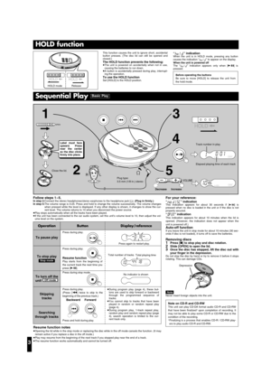 Page 3For your reference:
“)” indicationThis indication appears for about 30 seconds if [1/;] is
pressed when no disc is loaded in the unit or if the disc is not
properly secured.
“*” indicationThis indication appears for about 10 minutes when the lid is
opened. (However, the indication does not appear when the
unit is powered off.)
Auto-off functionIf you leave the unit in stop mode for about 10 minutes (30 sec-
onds if disc is not loaded), it turns off to save the batteries.
Removing discs1Press [∫] to stop...