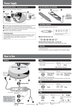 Page 51         0:01
1
2
34
2
3
4
Power Supply
Playback
Open the lid and insert a CD.
Release HOLD.
Track number Elapsed playing
time of track
Press.
Adjust the volume.
(0 - 25)≥MP3 files take a little
longer to be read.
≥“MP3” lights on the
display during play.
5
Rechargeable battery   Recharge before initial use.
Make sure the unit is off when recharging.
∫The buttons flash while recharging and stop when finished (2 to 3 hours).
∫You can recharge the batteries before they are fully discharged.
∫Fit the...