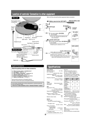 Page 4A
Location of controls/Connection to other equipment 
Rechargeable battery 
compartment
Hold switch
Headphone jackOpen switchSkip/SearchPlay/Pause
Stop/Turn offVolume control
∫To Battery case terminal (EXT BATT)
Display panelVolume control
Volume controlPlay/Stop/
Turn off Skip/Search
Skip/Search
Sound quality selection/Operation tone on-offPlay mode selection
Memory/Recall/Display/
Digital Re-master/
Anti-skip mode selection
EarphonesTo CD or AUX terminals
Audio system
Adjust the volume
level on the...