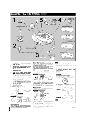 Page 55
RQT6548
Sequential Play with MP3 ﬁles Basic Play
TRACKALBUM
MP3M1RNDS-XBS
TRACKALBUM
MP3M1RNDS-XBS
TRACKALBUM
MP3M1RNDS-XBS
TRACKALBUM
MP3M1RNDS-XBS
5
OPEN
4
ALBUMMODE
DISPLAY
ALBUMALBUM
3 2 1
OPEN
OPENHOLDH
O
L
D
VOLUME
/V
O
L
VOL
HOLDEQ
HOLD
HOLD
VOL
L
R
V
O
L
Album number
Track number
Track number in play
Elapsed playing time of each track Label must face upward.
Plug type:
3.5 mm (1/8 in.) stereo
To switch between Disc and
Album mode
Plays all the tracks on the disc.
Plays all the tracks in the...