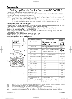 Page 1Setting Up Remote Control Functions (CZ-RWSK1U)
The functions of the wireless remote can be set on site.
(These settings are saved in nonvolatile memory in the remote controller, so even when its batteries are 
changed, the settings do not revert to the defaults.)
   The operation of the air conditioner can be impacted, depending on the settings made, so only 
service personnel should make the settings.
  Furthermore, making changes to these settings may cause actual operation to deviate from what 
is...