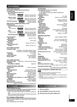 Page 15RQTV0097
15
ENGLISH English English
Speciﬁ cations
AMPLIFIER SECTIONFTC OUTPUT POWER both channel driven 
simultaneously 
  10% Total harmonic distortion
 60
 Hz to 3 kHz 
  (Low channel) SC-PM53 40 W per channel (6 Ω)
   SC-PM533 38 W per channel (6 Ω)
 3 kHz to 16 kHz
    (High channel)  SC-PM53 39 W per channel (6 Ω)
   SC-PM533 36 W per channel (6 Ω)
Total Bi-Amp power SC-PM53 79 W per channel
   SC-PM533   74 W per channel
RMS OUTPUT POWER both channel driven 
simultaneously
  10% total harmonic...