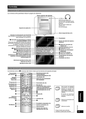 Page 19RQTV0097
19
ESPAÑOLEnglish English
Controles
Aparato principalAparato principal
Los números entre paréntesis indican la página de referencia.
Soporte de casete (21)
Sensor de señal del mando a 
distancia  1 Interruptor de alimentación en espera/ 
conectada (POWER y/l) (15)
Pulse este interruptor para cambiar del modo de
alimentación conectada al modo de alimentación 
en espera o viceversa. En el modo de 
alimentación en espera el aparato consume una 
pequeña cantidad de corriente.
4 Selección de graves...