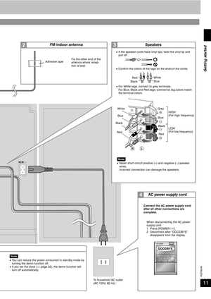 Page 11RQT8046
11
Fix the other end of the 
antenna where recep-
tion is best. Adhesive tape
AC power supply cord
To household AC outlet 
(AC 120V, 60 Hz)
FM indoor antenna
Connect the AC power supply cord 
after all other connections are 
complete.
Speakers
Note•You can reduce the power consumed in standby mode by 
turning the demo function off.
•If you set the clock (⇒ page 32), the demo function will 
turn off automatically.Grey
Blue
Black
Red White
Blue
Black
Red
When disconnecting the AC power 
supply...