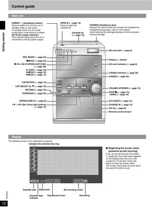 Page 12RQT8046
12Control guide
The following screen is for explanation purposes.
Main unit
Display
Cassette lid
 (⇒ page 19) OPEN ; (⇒ page 19)
Press to open the 
cassette lid.PHONES (Headphone jack)
Reduce the volume level and connect the headphones.
Headphones plug type: 3.5mm (1/8”) stereo.
Avoid listening for prolonged periods of time to prevent 
hearing damage. POWER 8 (standby/on switch)
Press to switch the unit from on to 
standby mode or vice versa.
In standby mode, the unit is still 
consuming a small...