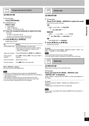 Page 17RQT8046
17
1During stop
Press [PROGRAM].
2CD/WMA/MP3 only
Select a disc.1 Press [DISC].
2 Within 10 seconds:
Press [1] - [5] to select the disc.
3Press the numbered button(s) to select the track.
•Example
To select 12: [ 10] è [1] è [2]
To select 123: [ 10] è [10] è [1] è [2] è [3]
•Repeat steps 2 and 3 to program other tracks.
4Press [q/h CD] or [q/h SD].
Program play will start.
When “PGM FULL” appears
No further tracks can be programmed.
Note•Times are not displayed while programming (CD/WMA/MP3)....