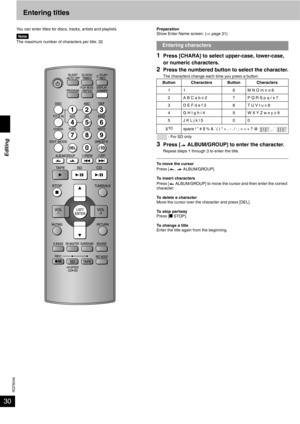 Page 30RQT8046
30Entering titles
You can enter titles for discs, tracks, artists and playlists. 
NoteThe maximum number of characters per title: 32Preparation
Show Enter Name screen. (⇒ page 31)
1Press [CHARA] to select upper-case, lower-case, 
or numeric characters.
2Press the numbered button to select the character.
The characters change each time you press a button.
 : For SD only
3Press [  ALBUM/GROUP] to enter the character.
Repeat steps 1 through 3 to enter the title.
To move the cursor
Press [ ,...