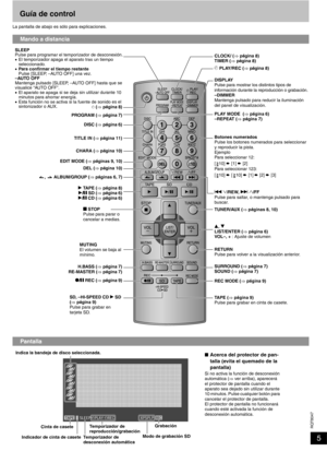 Page 5RQT8047
5 Guía de control
La pantalla de abajo es sólo para explicaciones.
Mando a distancia
Pantalla
CLOCK/ (⇒ página 8)
TIMER (⇒ página 8)
z PLAY/REC (⇒ página 8)
DISPLAY
Pulse para mostrar los distintos tipos de 
información durante la reproducción o grabación.
–DIMMER
Mantenga pulsado para reducir la iluminación 
del panel de visualización.
Botones numerados
Pulse los botones numerados para seleccionar 
y reproducir la pista.
Ejemplo
Para seleccionar 12:
[10] è [1] è [2]
Para seleccionar 123: 
[10] è...