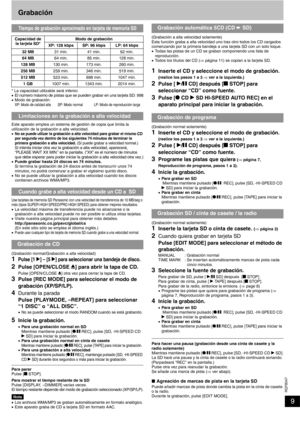 Page 9RQT8047
9 Grabación
* La capacidad utilizable será inferior.
•El número máximo de pistas que se pueden grabar en una tarjeta SD: 998•Modo de grabación:XP: Modo de calidad alta  SP: Modo normal  LP: Modo de reproducción larga
Este aparato emplea un sistema de gestión de copia que limita la 
utilización de la grabación a alta velocidad.
•
No se puede utlizar la grabación a alta velocidad para grabar el mismo CD 
por segunda vez dentro de los siguientes 74 minutos de terminar la 
primera grabación a alta...