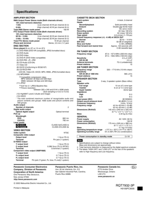 Page 36
Speciﬁcations
AMPLIFIER SECTIONRMS Output Power Stereo mode (Both channels driven)
  10% total harmonic distortion
  1 kHz 
(Low channel) 40 W per channel (6 Ω)
  8 kHz (High channel) 40 W per channel (6 Ω)Total RMS Stereo mode power 160 WFTC Output Power Stereo mode (Both channels driven)
  10% total harmonic distortion
  60 Hz – 3 kHz  (Low channel) 35 W per channel (6 
Ω)
  3 kHz – 16 kHz  (High channel) 35 W per channel (6 Ω)Total FTC Stereo mode power 70 W per channelPhone jack terminal  Stereo,...