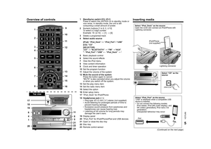 Page 55VQT5J68
Overview of controls
1 Standby/on switch [Í], [ Í/I]
Press to switch the unit from on to standby mode or 
vice versa. In standby mode, the unit is still 
consuming a small amount of power.
2 Numeric buttons [1 to 9, 0,  S10]
To select a 2-digit number
Example: 16: [ S10] 
> [1] >
 [6]
3 Delete a programed track
4 Select audio source
5 Basic playback control
6 Select the sound effects
7 View the iPod menu
8 View content information
9 Clock and timer operation
10 Set the program function
11 Adjust...