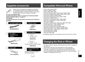 Page 55
RQTX1012
ENGLISH
ESPAÑOL
ENGLISH
   1 Remote control
(RAKX1002)
   2 Dock adapters
 M 12
(for iPhone)
(RFEX1001)
 M 15
(for iPhone 3G and iPhone 3GS)
(RFEX1002)
   1 Lithium Button-Type  batter
 y
(Battery is already installed in 
t
 he remote control.)
Supplied accessories
   1 AC power supply cord
(K2CB2CB00021)
   1 AC adapter (switching powersupply)
(RFEAX1004)
   1 Audio cable
(130-318030003)
    Please check and identify the supplied accessories.  Use numbers indicated in parentheses when asking...