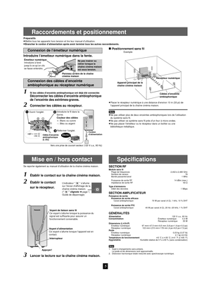 Page 55
Raccordements et positionnement
Préparatifs
≥Mettre tous les appareils hors tensi on et lire leur manuel d’utilisation.
≥ Brancher le cordon d’alimentation après avoir terminé tous les autres raccordements.
Introduire l’émetteur numérique dans la fente.
1Si les câbles d’enceinte ambiophonique ont déjà été connectés
Déconnecter les câbles d’enceinte ambiophonique 
de l’enceinte des extrêmes-graves.
2Connecter les câbles au récepteur.
∫ Positionnement sans fil
Exemple
≥ Placer le récepteur numérique à...