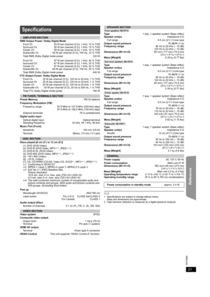 Page 2121
RQT9596
Getting Started Playing Discs Other Operations Reference
  
	1 Specifications are subject to change without notice.
Mass and dimensions are approximate.
2 Total harmonic distortion is measured by a digital spectrum analyzer.
Specifications
AMPLIFIER SECTION
RMS Output Power: Dolby Digital Mode
Front Ch
Surround Ch
Center Ch
Subwoofer Ch55 W per channel (5≠), 1 kHz, 10 % THD
55 W per channel (5≠), 1 kHz, 10 % THD
55 W per channel (5≠), 1 kHz, 10 % THD
55 W per channel (5≠), 100 Hz, 10 % THD...