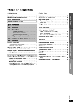 Page 55
Getting Started Playing Discs Other Operations Reference
RQT9596
TABLE OF CONTENTS
Getting Started
Accessories  . . . . . . . . . . . . . . . . . . . . . . . . . . . . . . . . . . . .2
IMPORTANT SAFETY INSTRUCTIONS . . . . . . . . . . . . . . .2
Control reference guide . . . . . . . . . . . . . . . . . . . . . . . . . . .4
Quick Start Guide
step 1 Positioning  . . . . . . . . . . . . . . . . . . . . . . . . . . .  6
step 2 Connections  . . . . . . . . . . . . . . . . . . . . . . . . . .  6
Speaker...