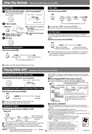 Page 6WMA and MP3 are methods of compressing audio without overtly hurting audio
data. SL-MP80 can play WMA and MP3. SL-MP73J, SL-MP71C and SL-MP70 can
play MP3.
∫When creating WMA/MP3 files to play on this unit≥Disc formats: ISO9660 level 1 and level 2 (except for extended formats)
≥It is better not to create folders (album) within folders (004album below).
∫Limitations on WMA/MP3≥This unit is compatible with multi-session but if there are a lot of sessions it
takes more time for play to start. Keep the...