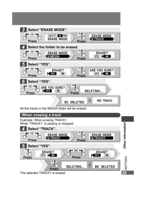 Page 29
or
PressPress

or
PressPress

All the tracks in the MEDIA folder will be erased.
Example: When erasing TRACK1
While “TRACK1” is playing or stopped:
or
PressPress
Press
or
Press
Press
or
PressPress
29
When erasing a track
The selected TRACK1 is erased.
Press
or
Press
Other information
RQTT0855
29
3Select “ERASE MODE”.
4Select the folder to be erased.
5Select “YES”.
4Select “TRACK”.
5Select “YES”.
6Select “YES”.

MP010_020_P_2.indd   292006/03/06   14:24:27 