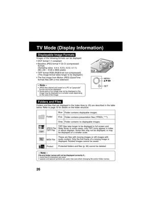 Page 2626
TV Mode (Display Information)
M
CANCEL
ENU
/SET
MENU
SET
Displayable Image Formats
JPEG files altered and saved on a PC as “grayscale”
format cannot be displayed.
Some parts of an image may not be displayed or the
image may be displayed on a smaller scale depending
on the size of the image.– Note –
Images of the following formats can be displayed.
DCF format 1.1 compliant
Baseline JPEG format Y Cb Cr (compressed
format)
(Sampling ratios  4:4:4, 4:2:0, 4:2:2, 4:1:1)
(80 x 60 ~ 5120 x 3840 pixels)...