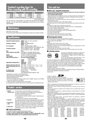 Page 356
Maintenance
Specifications
Care and use
Product  service
• SD logo is a trademark.
• miniSD is a trademark of the SD Card Association.
• Microsoft, Microsoft logo, Windows, Windows  logo, Windows
NT, Windows Media and DirectX are either trademarks or
registered trademarks of Microsoft Corporation in the United
States and other countries.
• WMA is a compression format developed by Microsoft Corporation. It achieves the same sound
quality as MP3 with a file size that is smaller than that of MP3.
• MPEG...