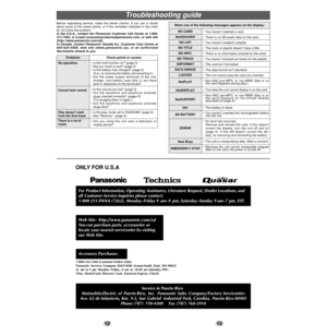 Page 7When one of the following messages appears on the display:
•You haven’t inserted a card.
•There is no SD-audio data on the card.
•You haven’t created a playlist.
•The track or playlist doesn’t have a title.
•There is no information entered for the artist.
•
You haven’t checked out tracks for the playlist.
•The card isn’t formatted.
•The data format isn’t standard.
•The unit cannot play the card you inserted.
•Non-AAC,non-MP3, or non-WMA data is on
the card.(Appears during play.)
•
Text data the unit...