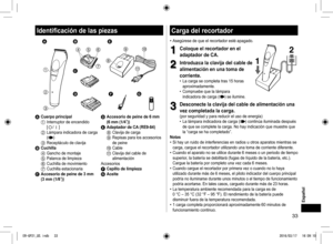 Page 3333
Identificación de las piezas






 
 


 
A Cuerpo principal1 Interruptor de encendido 
[/]2  Lámpara indicadora de carga 
()3  Receptáculo de clavijaB Cuchilla4 Gancho de montaje5 Palanca de limpieza6 Cuchilla de movimiento7 Cuchilla estacionariaC Accesorio de peine de 3 mm 
(3 mm (1/8˝))
D Accesorio de peine de 6 mm 
(6 mm (1/4˝))
E Adaptador de CA (RE9-84)8 Clavija de carga9 Repisas para los accesorios 
de peine
: Cable;  Clavija del cable de 
alimentación
Accesorios
F  Cepillo...