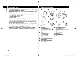 Page 88
Intended use
• This clipper is designed for professional use to trim hair. It can be 
operated on rechargeable battery.
•  Before and after each use, apply oil at the marked places. (See 
page 11.) 
Failure to apply the oil may cause the following problems.
-  The clipper has become blunt.
-  Shorter operating time.
-  Louder sound.
•  Do not use thinner, benzine, alcohol or other chemicals. Doing so 
may cause failure, cracking or discoloration of the main body. 
Clean the main body only with a soft...