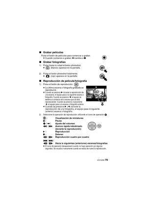 Page 79 VQT2Z95 79
∫
Grabar películas
Pulse el botón de películas para comenzar a grabar.
≥Cuando comienza a grabar,  ; cambia a ¥.
∫ Grabar fotografías
1) Pulse hasta la mitad el botón photoshot.
≥  (blanco) aparece en la pantalla.
2) Pulse el botón photoshot totalmente. ≥  (rojo) aparece en la pantalla.
∫Reproducción de película/fotografía
1) Pulse el botón de reproducción.
≥La última escena o fotografía grabada se 
reproducirá.
≥
Cuando se presiona 1 durante la reproducción de 
una escena, el equipo pasa a...